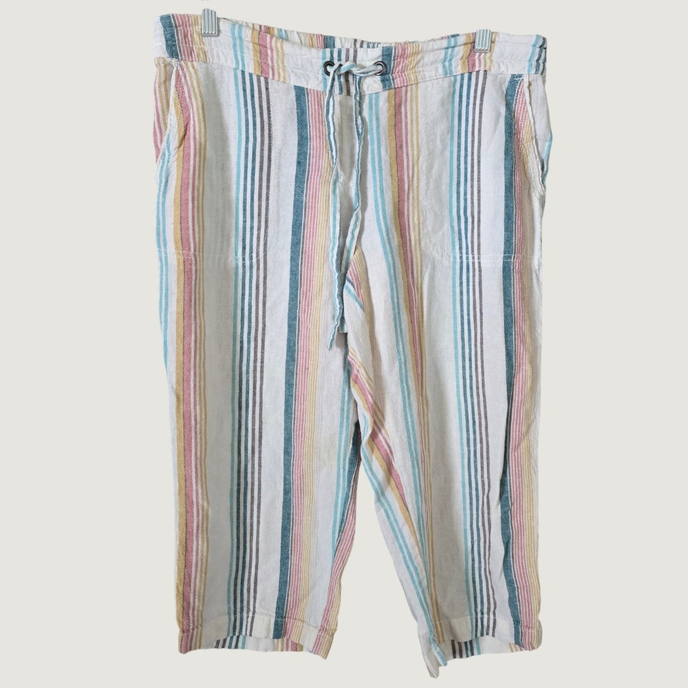 Womens Linen Blend Striped Pants Size Medium Multi Color Coastal Crop Beach